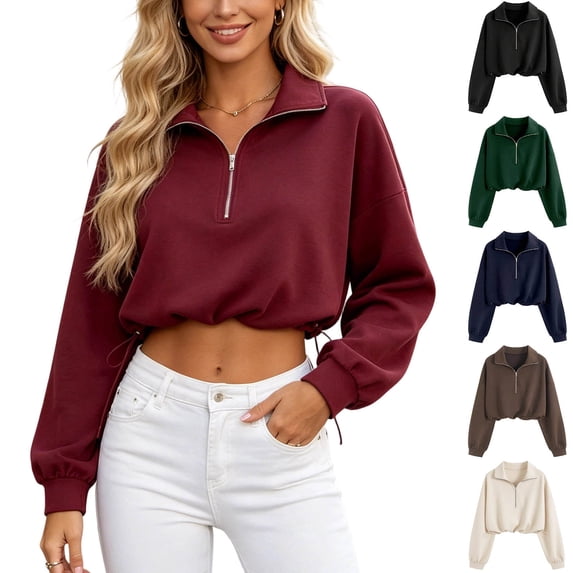 Aezemi Womens Crop Half Zip Sweatshirts Collared Elastic Hem Drawstring Quarter Zipper Long Sleeve Blouses Fall Winter Fashion Outdoor Casual Workout Jackets M