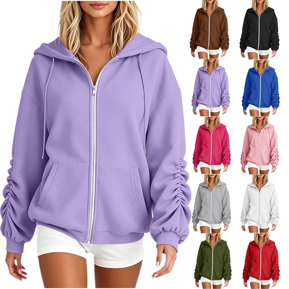 Aezemi Womens Drawstring Hoodie Sweatshirts Zip up Fashion Ruched Long Sleeve Winter Fall Outerwear Women Comfy Hooded Fashion Soft Full Zip Blouses with Pockets XL