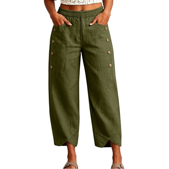 Aezemi Womens Elastic Waist Cropped Pants Palazzo Split Hem Button Fashion Pants Summer Flowy Beach Casual Trousers with Pockets S