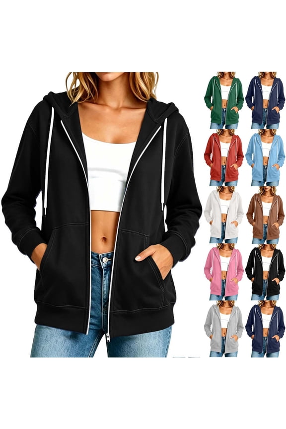 Womens Full Zip Lightweight Sweatshirts Long Sleeve Hooded Drawstring Fashion Outdoor Shirts Hoodie Trendy Winter Fall Comfy Casual Tops XL