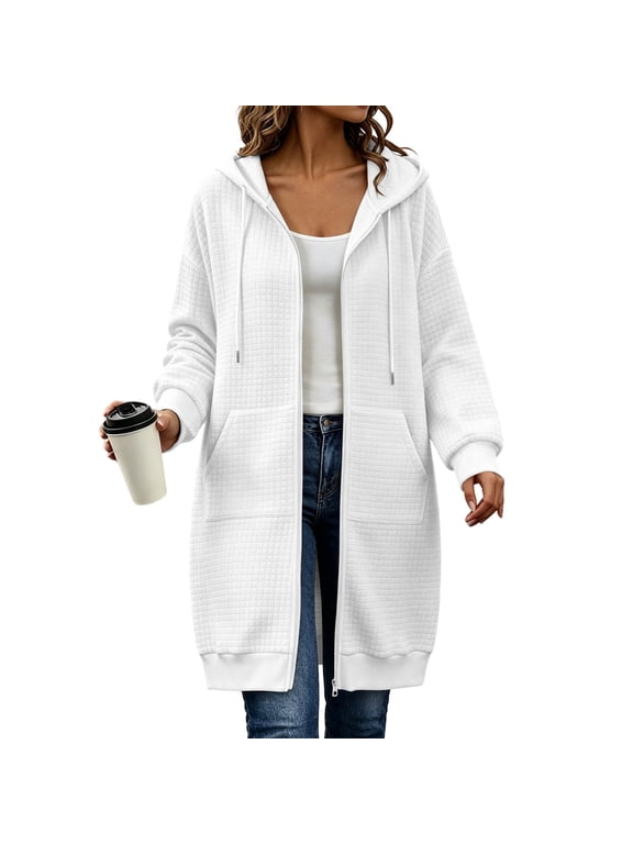 Womens Full Zip Long Jacket Waffle Hooded Drawstring Zip up Knee Length Tunic Winter Coat Womens Fall Casual Soft Daily Outdoor Casual Blouses with Pockets XL