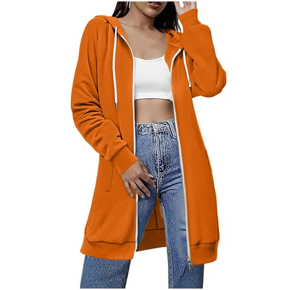 Aezemi Womens Full Zip Long Sweatshirts with Pockets Drawstring Hooded Zip up Long Sleeve Fashion Mid-Length Outerwear Winter Fall Casual Casual Comfy Hoodies M
