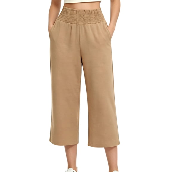 Aezemi Womens High Waisted Capri Pants Smocked Elastic Waist Casual Straight Leg Trousers with Pockets Palazzo Comfy Soft Summer Casual Capri Pants XXL