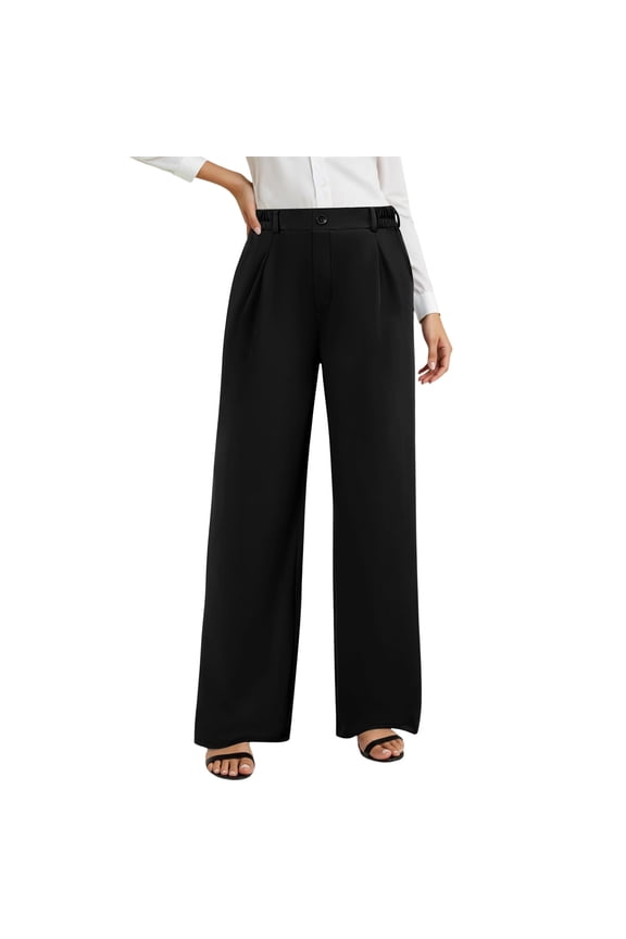 Womens High Waisted Dress Pants, Wide Leg Elastic Waist Work Office Pants, Ruched Business Casual Work Trousers with Pockets