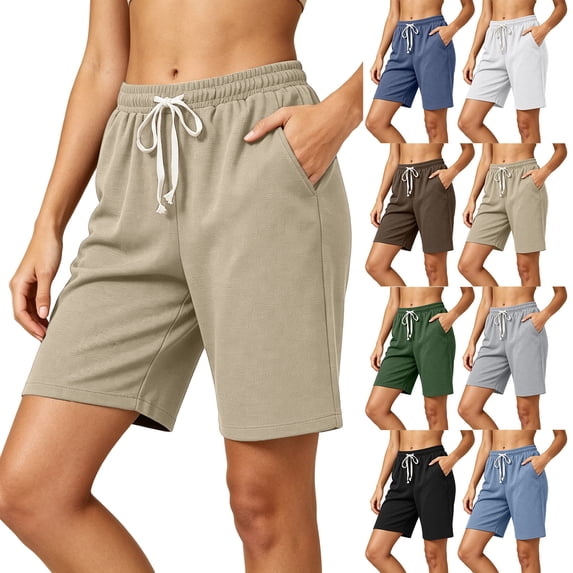 Aezemi Womens Knit Shorts - Elastic Waist Bermuda Drawstring Long Shorts for Woman Casual Walking Workout Summer Outdoor Bottoms with Pockets
