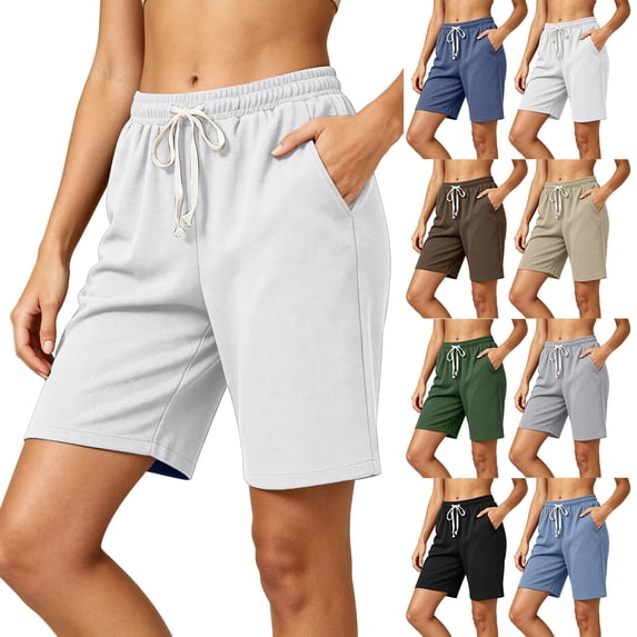 Aezemi Womens Knit Shorts - Elastic Waist Bermuda Drawstring Long Shorts for Woman Casual Walking Workout Summer Outdoor Bottoms with Pockets