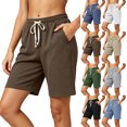 thumbnail image 1 of Aezemi Womens Knit Shorts - Elastic Waist Bermuda Drawstring Long Shorts for Woman Casual Walking Workout Summer Outdoor Bottoms with Pockets, 1 of 6