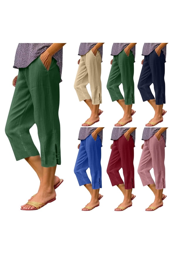 Womens Lightweight Beach Capri Pants Split Hem Elastic Waist Breathable Fashion Capri Pants Summer Outdoor All Match Casual Crop Trousers with Pockets S