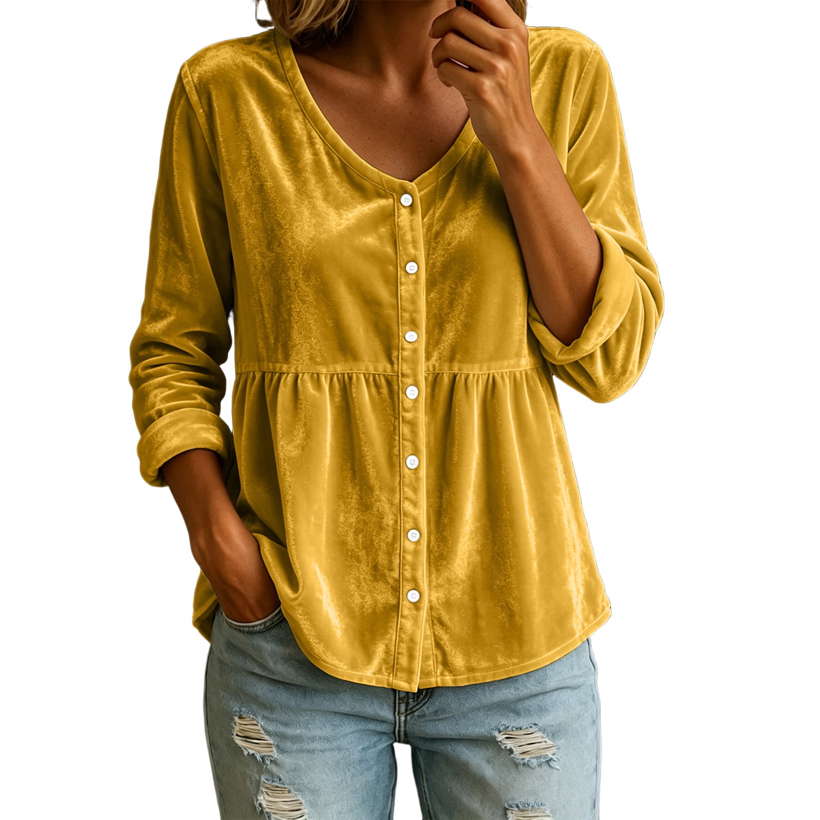 Aezemi Womens Long Sleeve Peplum Shirts Button down V Neck Ruched ...