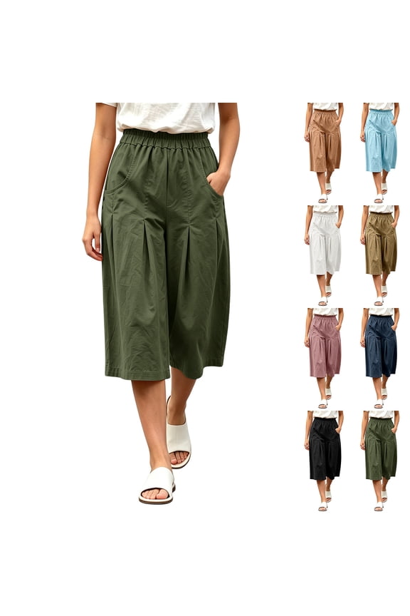 Womens Loose Pleated Capri Pants Fashion Elastic Waist Lightweight Summer Capri Pants Casual Outdoor Ruched Trendy Crop Trousers with Pockets L