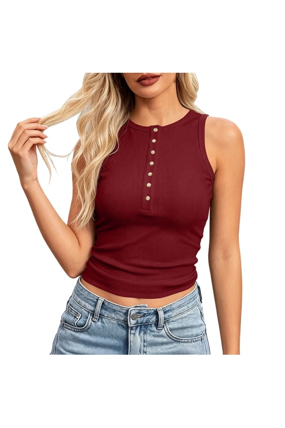 Womens Ribbed Knit Tank Tops, Half Button Slim Fit Sleeveless Cami Tank, Casual Summer Basic Tops for Workout Casual