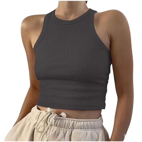 Aezemi Womens Ribbed Tank Top Cropped Sleeveless Round Neck Workout Tees Fashion Crop Summer Casual Basic Slim Fit Top Shirt