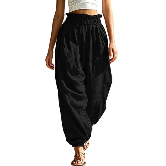 Aezemi Womens Ruffle Elastic Waist Trousers Fashion Comfy Pull on Summer Joggers Summer Walking Daily Casual Spring Pants with Pockets M