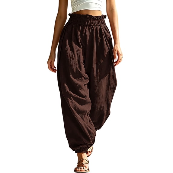 Aezemi Womens Ruffle Elastic Waist Trousers Fashion Comfy Pull on Summer Joggers Summer Walking Daily Casual Spring Pants with Pockets XXL
