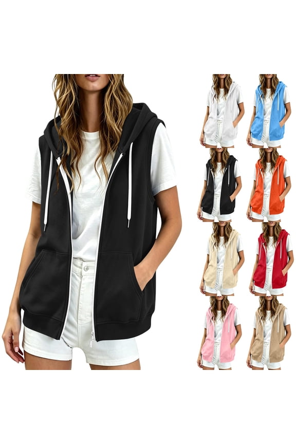 Womens Sleeveless Hoodie Sweatshirts Full Zip Hooded Drawstring Fashion Jackets Workout Winter Fall Outdoor Casual Tops with Pockets S