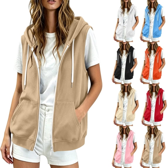 Aezemi Womens Sleeveless Hoodie Sweatshirts Full Zip Hooded Drawstring Fashion Jackets Workout Winter Fall Outdoor Casual Tops with Pockets XL