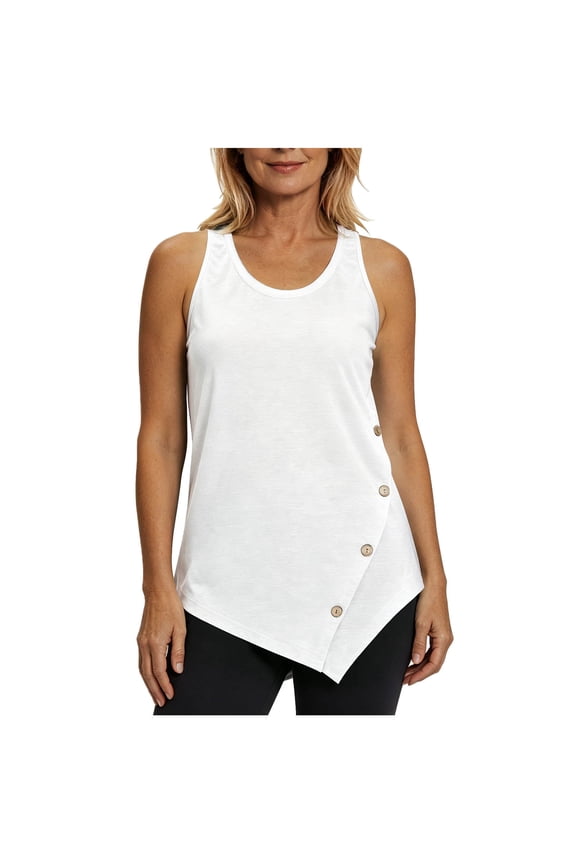 Womens Sleeveless Sports Tank Tops, Summer Soft Button Asymmetrical Hem Undershirts, Round Neck Curved Hem Workout Tees