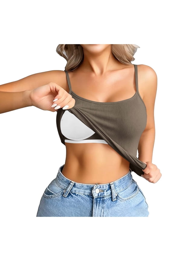 Womens Slim Fit Cami Tops with Bras, Ribbed Padded Sleeveless Adjustable Spaghetti Straps Undershirts, Backless Fashion Summer Casual Basic Tank Top