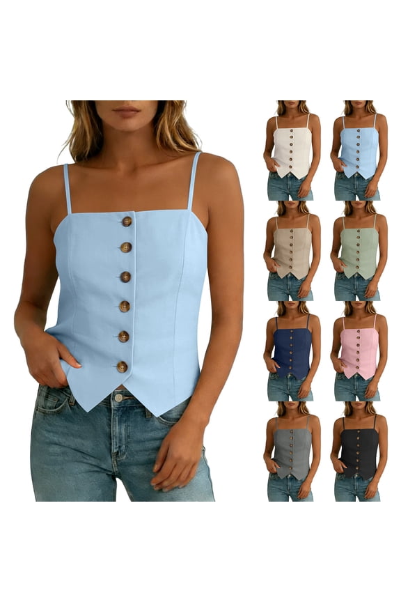 Womens Spaghetti Strap Tank Top, Button down Slim Fit Business Cami Tops, Square Neck Dressy Casual Fashion Camisole