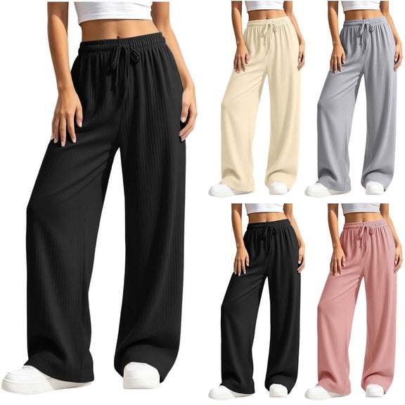 Aezemi Womens Straight Leg Pants Lightweight Flowy Palazzo High Waisted Elastic Waist Adjustable Tie Knot Loose Fit Drawstring Summer Spring Trousers with Pockets XL