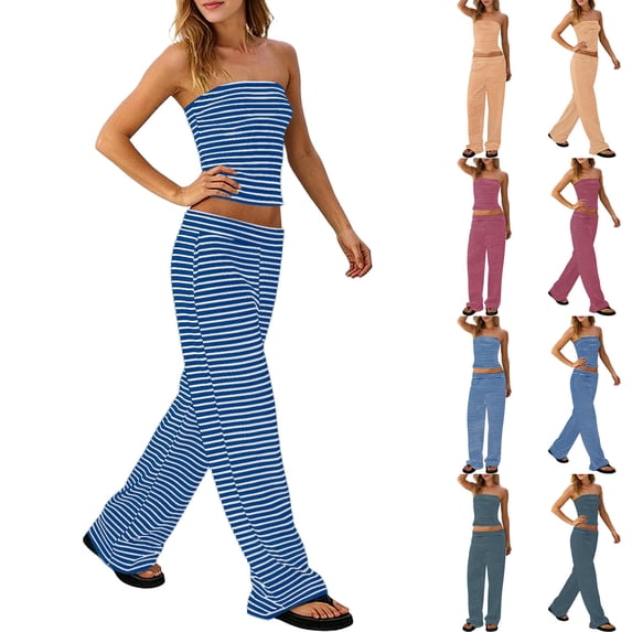 Aezemi Womens Striped 2 Piece Sets Summer Strapless Crop Tube Tops Wide Leg Pants Matching Loungewear Set Beach Vacation Outs
