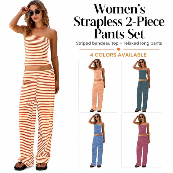 Aezemi Womens Striped 2 Piece Sets Summer Strapless Crop Tube Tops Wide Leg Pants Matching Loungewear Set Beach Vacation Outs