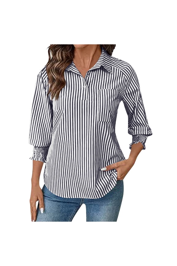 Womens Striped Office Shirts with Chest Pocket Collared V Neck Button Smocked Cuffed Work Blouses Summer Spring Fashion Business Casual Tunic Tops S