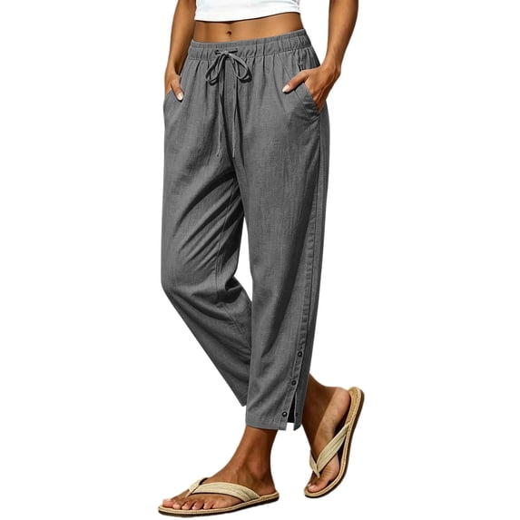 Aezemi Womens Wide Leg Button Pants Loose Fit Split Hem Summer Beach Vacation Drawstring Elastic Waist Pants with Pockets Pull on Baggy Comfy Outdoor Home Trousers M