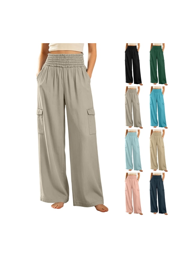 Womens Wide Leg Cargo Pants High Waisted Loose Fit Lightweight Long Pants Palazzo Comfy Ruched Outdoor Travel Casual Trousers M