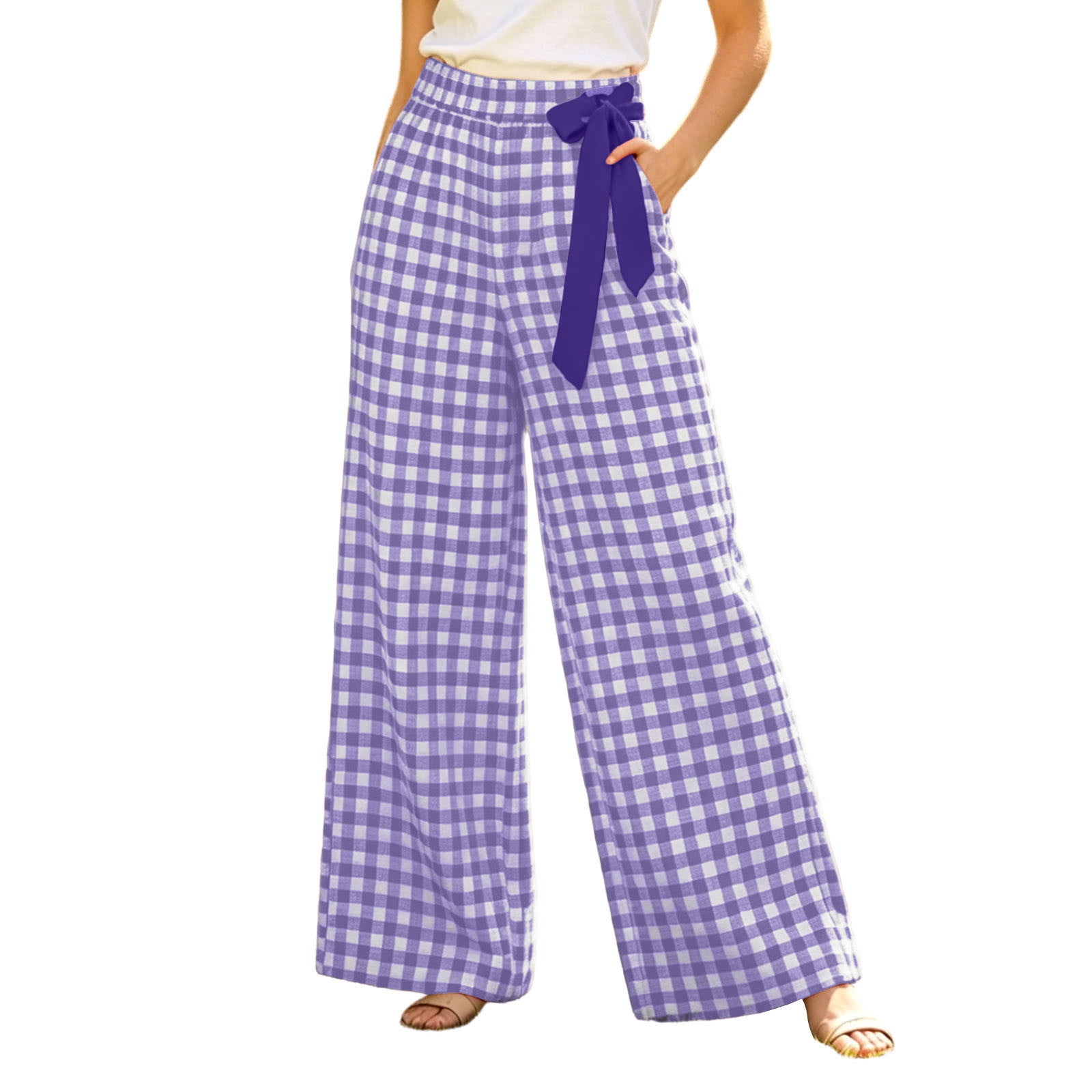 Aezemi Womens Wide Leg Plaid Pants Palazzo Tie Bow Elastic Waist — free download