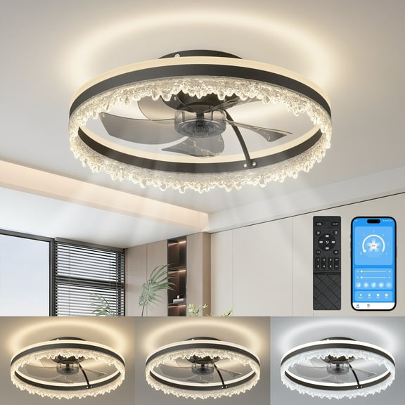 Aezusy 20" Black Ceiling Fan with Remote & LED Crystal Light - Flush Mount, Whisper-Quiet, Modern Design