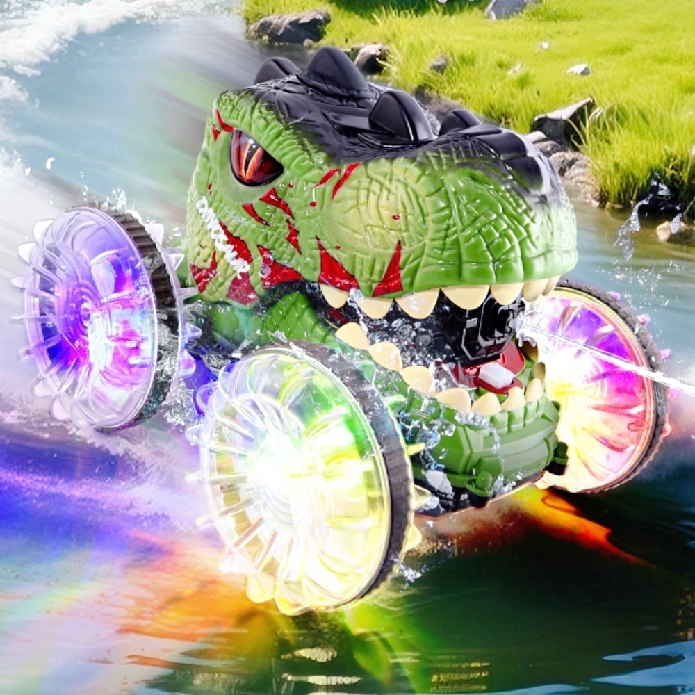 Aezusy Dinosaur Toy RC Cars for Kids, 360-Degree Rotation 4WD Stunt Vehicle with Water Spray, Christmas Gift for 4-12 Years Old for Boys Kids