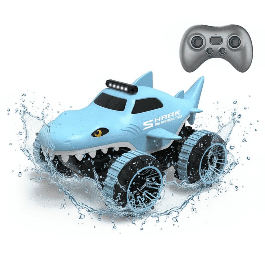 Aezusy RC Car Toy for Kids 2.4GHz Amphibious RC Monster Truck Rechargeable Waterproof Remote Control Shark Toy Gift with LED Lights for Boys Girls, Blue