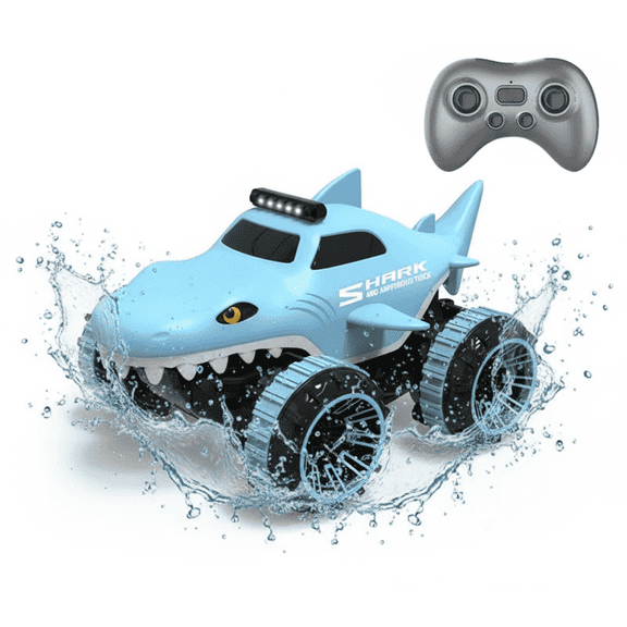 Aezusy RC Car Toy for Kids 2.4GHz Amphibious RC Monster Truck Rechargeable Waterproof Remote Control Shark Toy Gift with LED Lights for Boys Girls, Blue