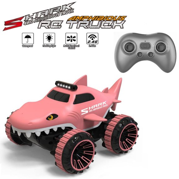 Aezusy RC Car Toy for Kids, 2.4GHz Amphibious Remote Control Shark Toy Waterproof Rechargeable RC Car with LED Lights for Boys Girls, Pink