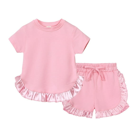 Afdoent Baby Girl Clothes Kids Toddler Baby Girls Spring Summer Solid Short Sleeve Tshirt Ruffle Shorts Tracksuit Outfits Clothes Set Fashion Clothes Outfits 6-12 Months