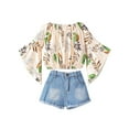 thumbnail image 1 of Afdoent Baby Girl Clothes Summer Girls Off Shoulder Floral Print Flared Sleeve Top & Denim Shorts 2 Piece Set Fashion 1-2 Years, 1 of 9