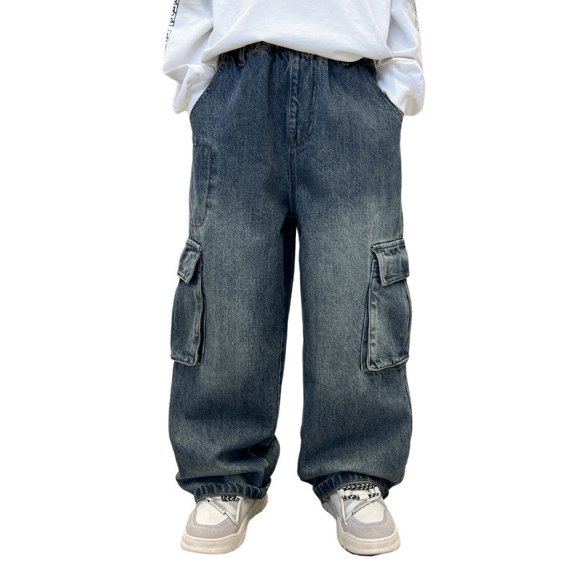 Afdoent Baggy Jeans Boys Wide Leg Elastic Waist And Multiple Pockets Cargo Trousers Jeans Denim Pants For Children 7-8 Years