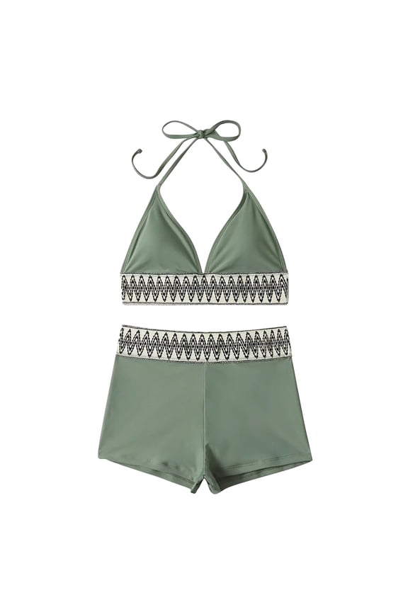 Bikini Sets For Women Ripple Split Rope Bikini Retro Halter Bathing Suits High Waist Swimsuit Beachwear