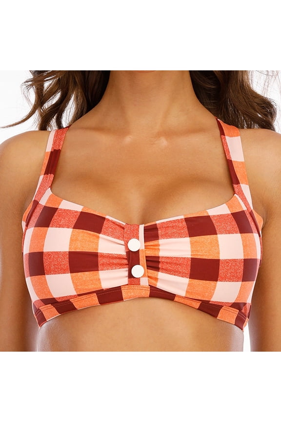 Bikini Tops For Women Fashion Vintage Bikini Split Plaid Button Up Single Top Swimsuit Bathing Suit Top