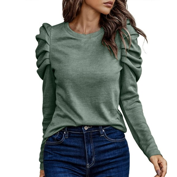 Afdoent Blouses For Women Casual Solid Color High Elastic Crew Neck Slim Fit Puffed Sleeve Long Sleeve Top Shirt Fashion
