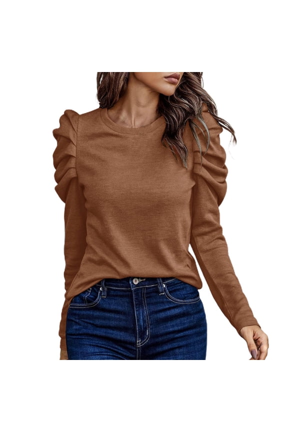 Blouses For Women Casual Solid Color High Elastic Crew Neck Slim Fit Puffed Sleeve Long Sleeve Top Shirt Summer Outfits 2025