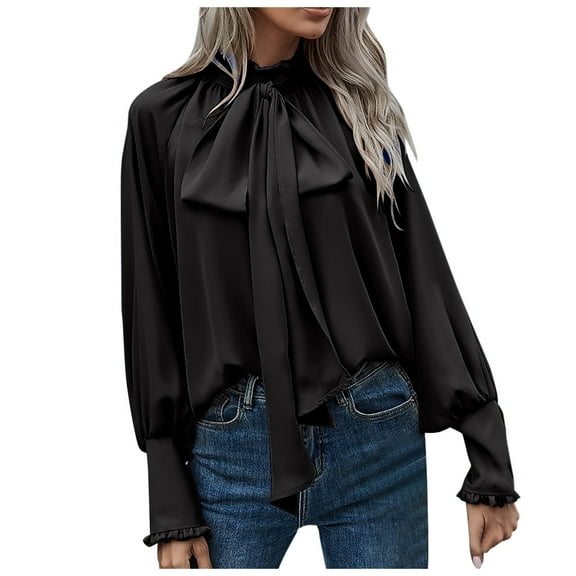 Afdoent Blouses For Women Elegant Tie Knot Neck Work Blouse Loose Fit Sleeve With Buttoned Shirt Top Fashion