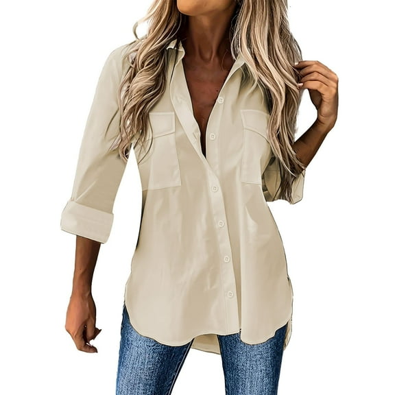 Afdoent Blouses For Women Fashion Casual Solid Color Long Sleeve Lapel Shirt Top With Pockets Fashion