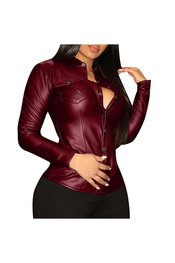 Blouses For Women Leather Jacket Pu Snap Button Down Shirt Shacket Long Sleeve Motorcycle Fashion Jacket Tops Summer Outfits 2025