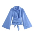 thumbnail image 1 of Afdoent Blouses For Women Lapel Button Down Double Poplin Lace Up Solid Color Long Sleeve Shirt Summer Outfits 2025, 1 of 3