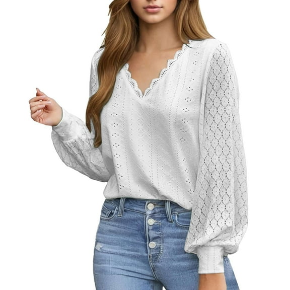 Afdoent Blouses For Women Long Sleeve Eyelet Tops Dressy Casual Blouse Lace Trimmed V Neck Shirt 2025 Fall Outfit Clothes Fashion