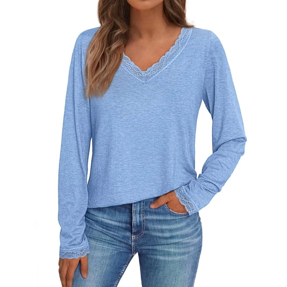Afdoent Blouses For Women Long Sleeve Shirts Lace V Neck Casual Cute Tops Loose Fit Fall Winter Basic Clothing Summer Outfits 2025