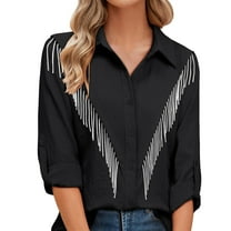 Afdoent Blouses For Women Rhinestone Fringe Button Down Shirt Rolled 3/4 Sleeve Sparkly Top Concert Western Outfit Fashion