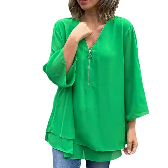 Afdoent Blouses For Women Solid Color 3/4 Sleeve Loose Shirt Top Zipper V Neck Shirt Layered Top Summer Outfits 2025